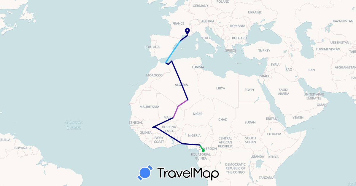 TravelMap itinerary: driving, bus, train, boat in Cameroon, Algeria, Spain, France, Morocco, Mali, Nigeria (Africa, Europe)
